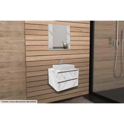 Armário C- Balcão Banheiro Suspenso Bn3607 S- Cuba 60cm E Espelho Bn3610 Mármore Branco - Tecno Mobili