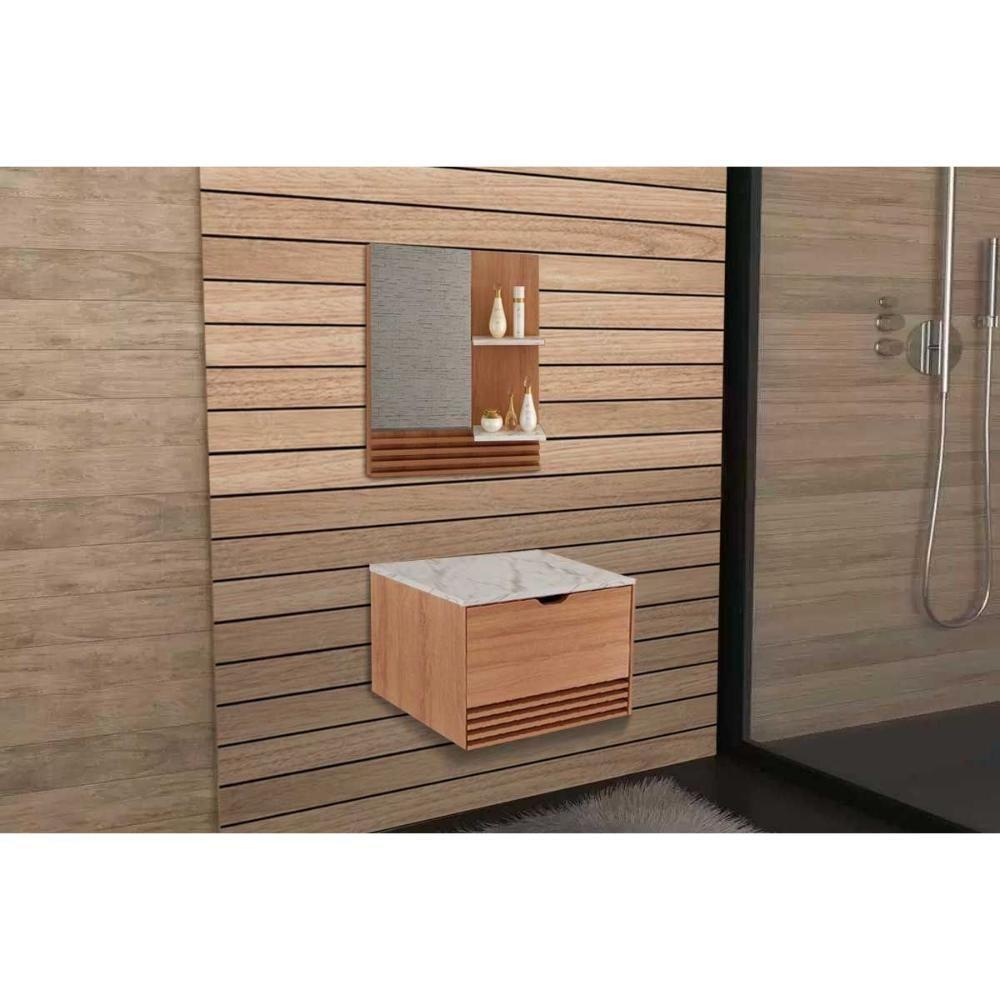 Armário C- Balcão Banheiro Suspenso Bn3613 S- Cuba 60cm E Espelho Bn3614 Amendoa-marmore Branco - Tecno Mobili - 1