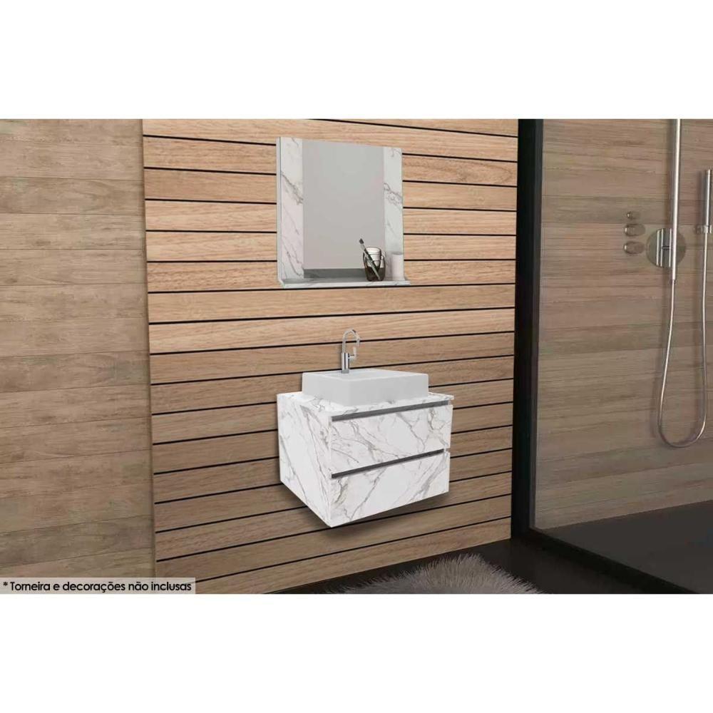 Armário C- Balcão Banheiro Suspenso Bn3607 Cuba Bn3600 60cm E Espelho Bn3610 Mármore Branco - Tecno Mobili - 1
