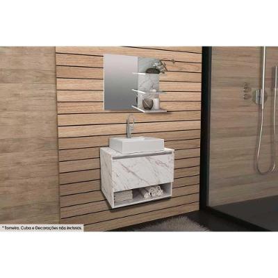 Armário C- Balcão Banheiro Suspenso Bn3606 S-cuba 60cm E Espelho Bn3608 Mármore Branco - Tecno Mobili