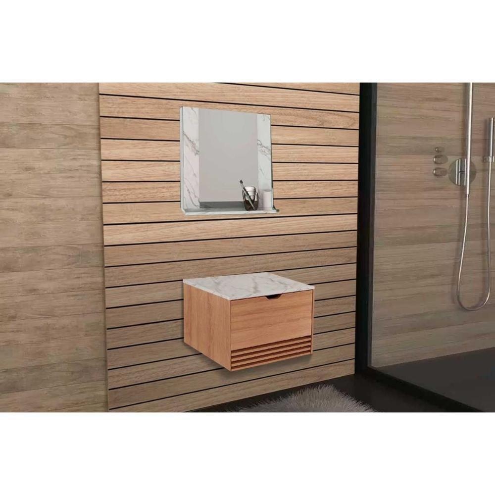Armário C- Balcão Banheiro Suspenso Bn3613 S- Cuba 60cm E Espelho Bn3610 Amendoa-marmore Branco - Tecno Mobili - 1
