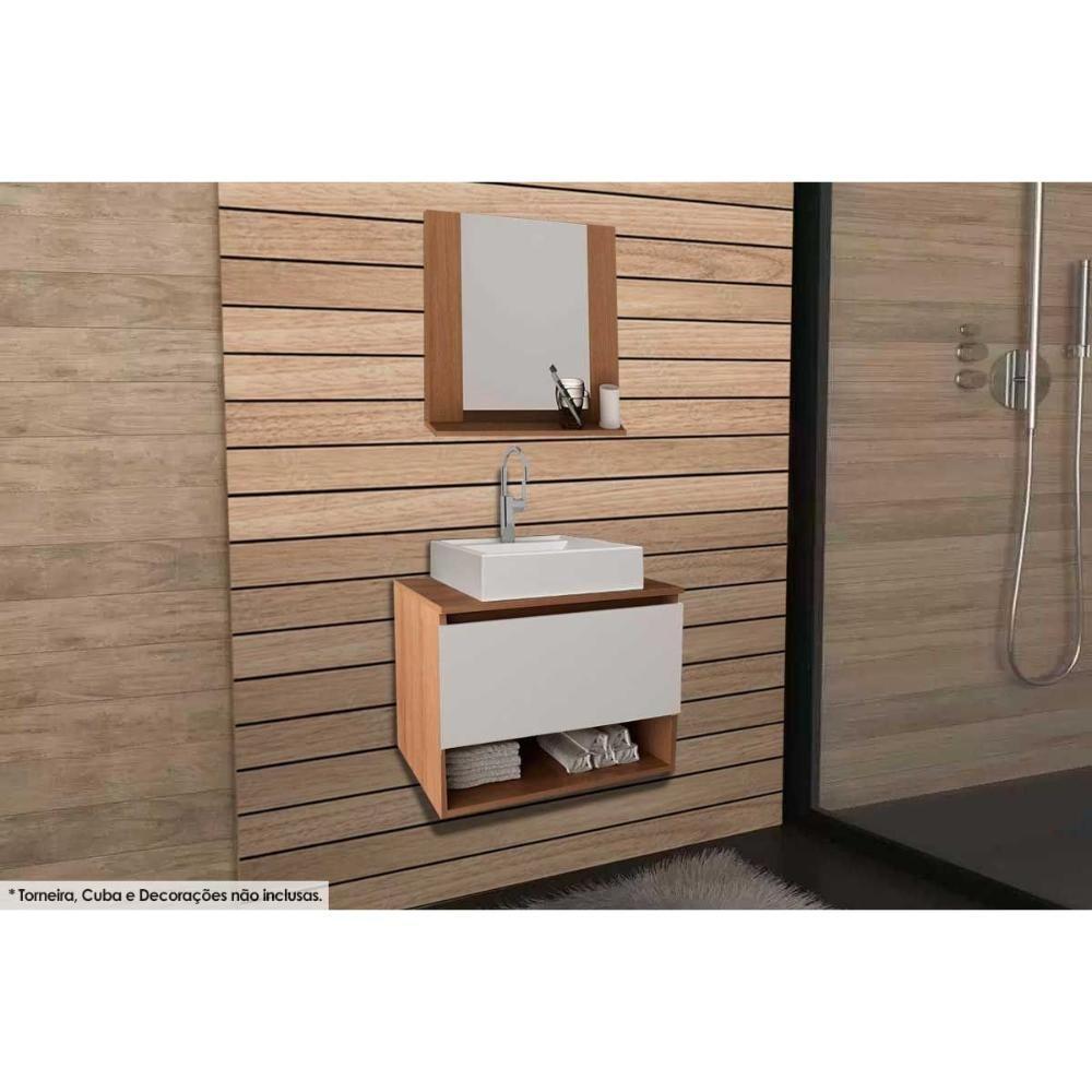 Armário C- Balcão Banheiro Suspenso Bn3606 S- Cuba 60cm E Espelho Bn3610 Amêndoa-branco - Tecno Mobili - 1