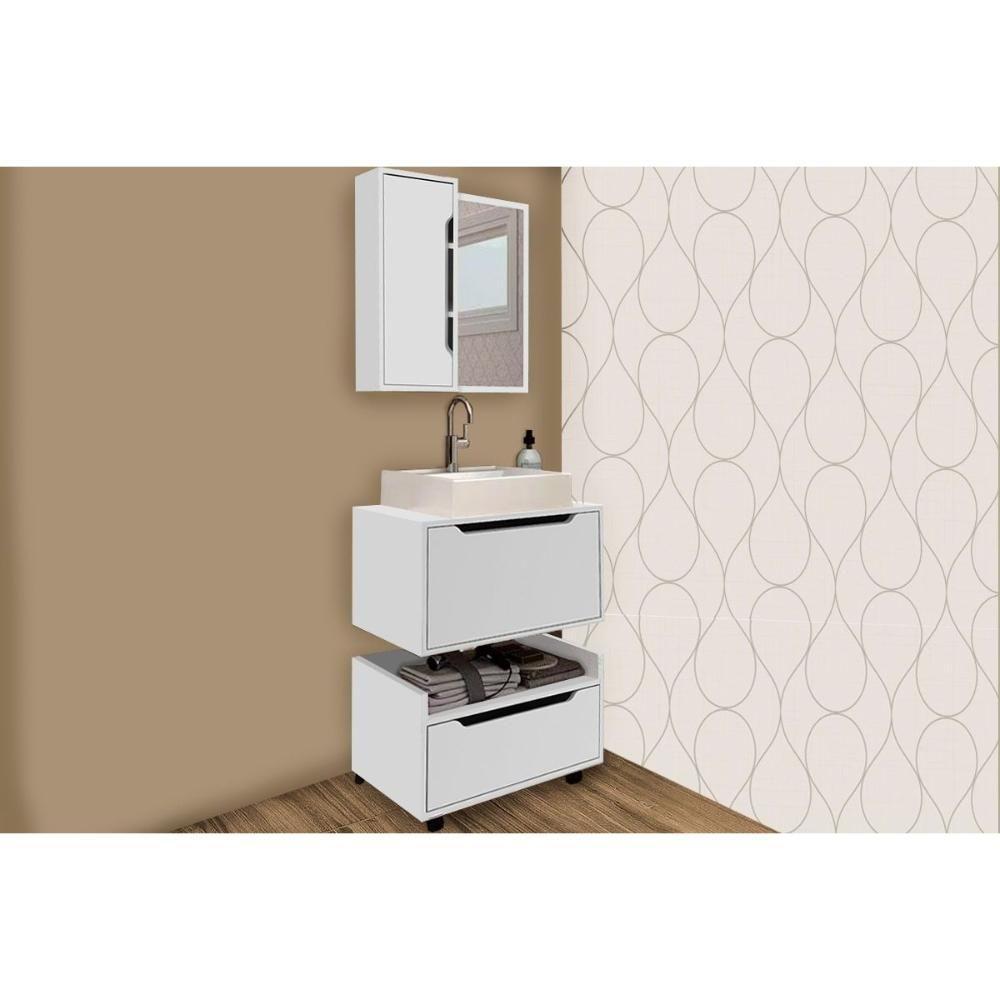 Balcão P- Banheiro Suspenso Bn3646 E C- Rodízios Bn3647 60cm E Armário C- Espelho Bn3648 60cm Branco - Tecno Mobili - 1