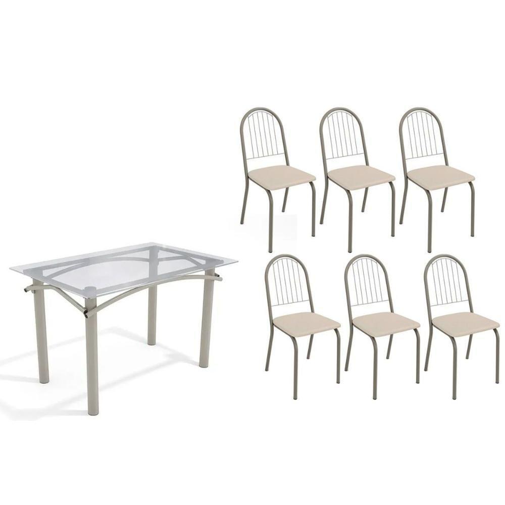 Conjunto: Mesa De Cozinha Elba C- Tampo De Vidro 120cm E 6 Cadeiras Noruega Niquel - Courano Bege - Kappesberg - 1