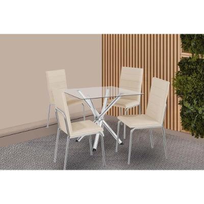 Conjunto: Mesa Sala Jantar Volga C- Tampo De Vidro 90cm E 4 Cadeiras Amsterdã Cromada - Courano Bege - Kappesberg