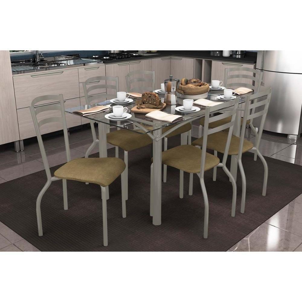 Conjunto: Mesa De Cozinha Elba C- Tampo De Vidro 150cm E 6 Cadeiras Portugal Niquel - Courano Capuccino - Kappesberg - 1