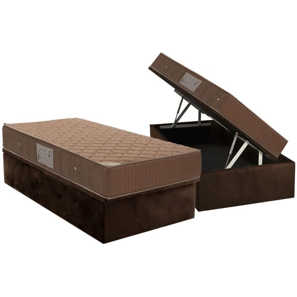 Cama Box Baú Solteiro: Colchão Molas Bonnel Ortobom Nanolastic Orthotel + Base Crc Suede Brown (88x188) - 1