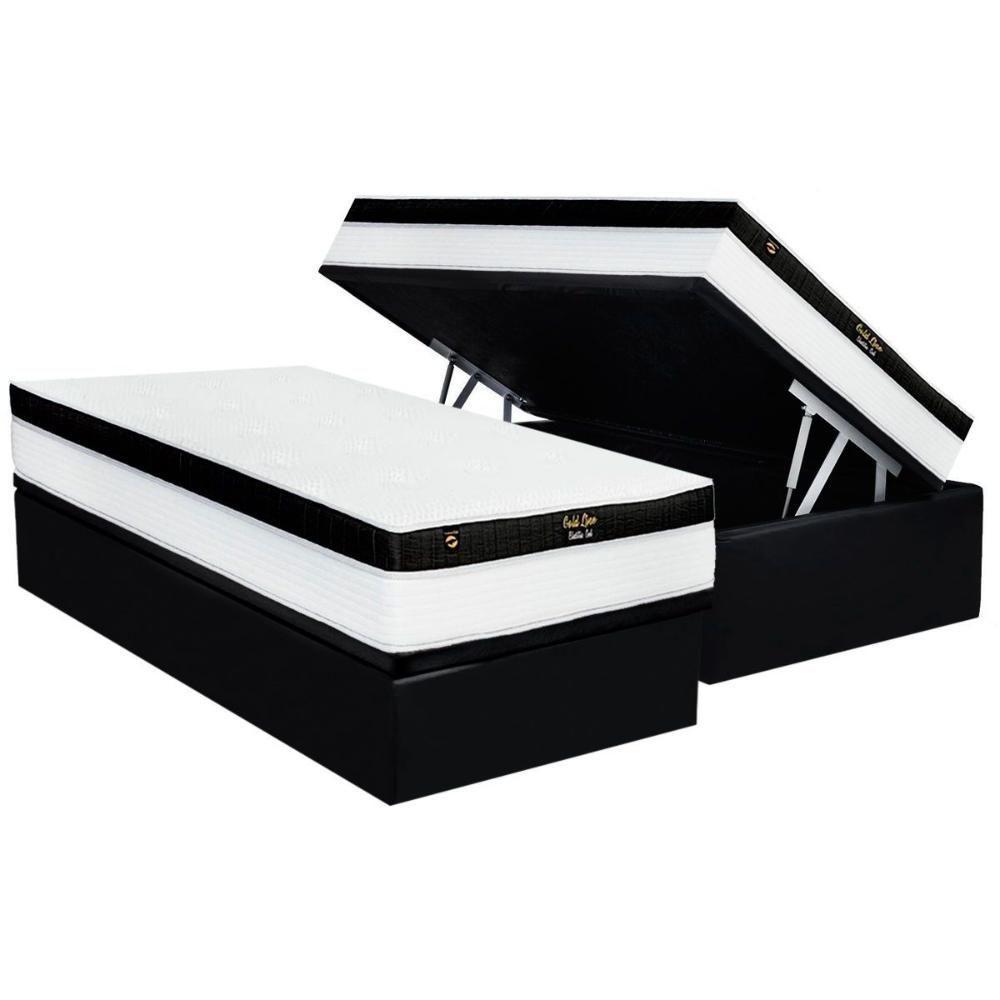 Cama Box Baú Solteiro: Colchão Molas Ensacadas Luckspuma Gold Line Elastic Gel + Base Crc Suede Black (88x188) - 1