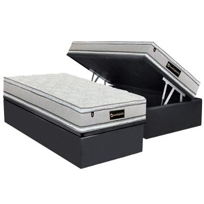 Cama Box Baú Solteiro: Colchão Molas Ensacadas Luckspuma Lucksfaction Plus Gray + Base Crc Suede Gray (88x188)