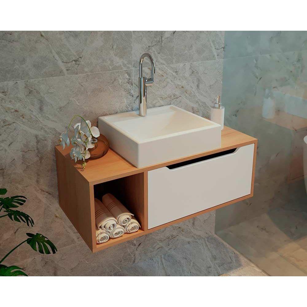 Bancada De Banheiro Suspenso Bn3644 S- Cuba C- 1 Porta 80cm Amêndoa-branco - Tecno Mobili - 1