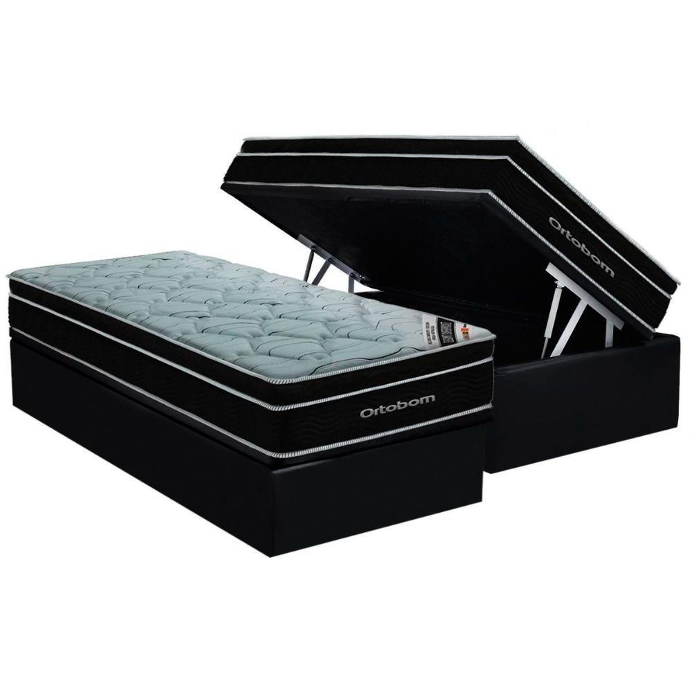 Cama Box Baú Solteiro: Colchão Molas Ensacadas Ortobom Elegant + Base Crc Suede Black (88x188) - 1