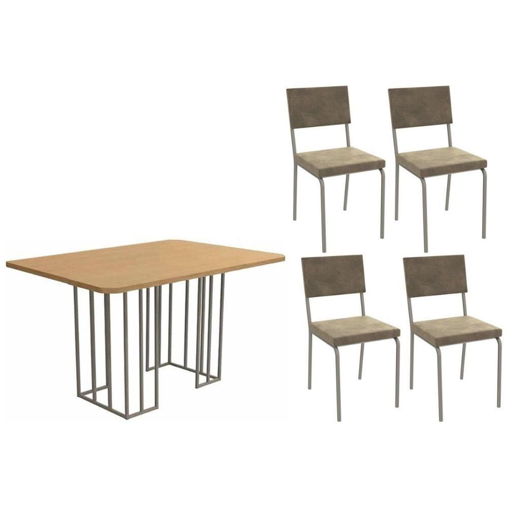 Conjunto: Mesa De Cozinha Duina C- Tampo De Madeira 136cm E 4 Cadeiras Zaria Niquel-freijo - Suede Bege - Kappesberg - 1