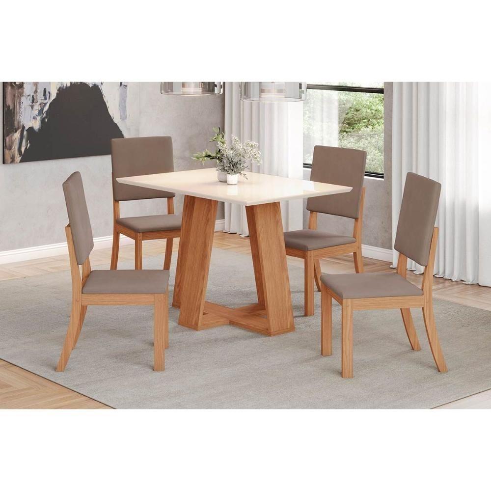 Conjunto: Mesa De Cozinha Lins C- Tampo Madeirado 120x80cm E 4 Cadeiras Milla Nature-off White - Suede Marrom - Henn - 1
