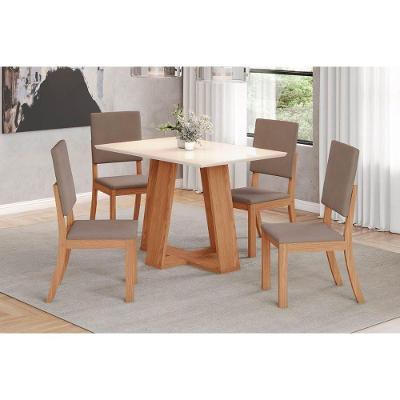 Conjunto: Mesa De Cozinha Lins C- Tampo Madeirado 120x80cm E 4 Cadeiras Milla Nature-off White - Suede Marrom - Henn