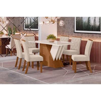 Conjunto: Mesa De Cozinha Epic Tampo Madeirado C- Vidro 160x90cm E 6 Cadeiras Vita Nature-linho - Henn