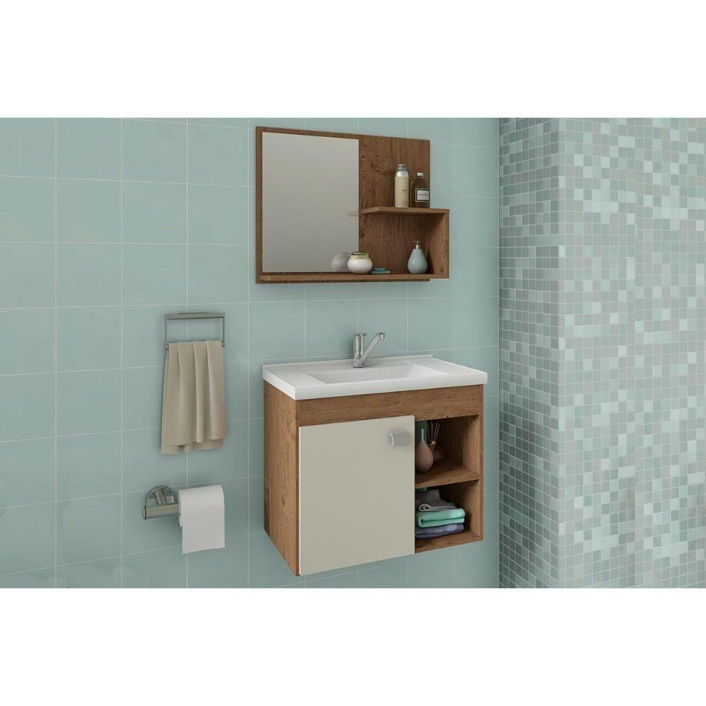 Gabinete De Banheiro Balcão Suspenso Lótus-bia C- Cuba 55cm E Armário C- Espelho Branco-preto - Mgm - 8