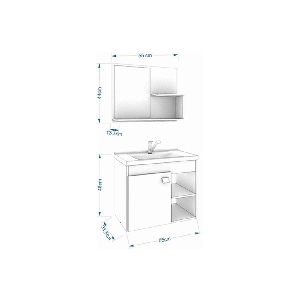 Gabinete De Banheiro Balcão Suspenso Lótus-bia C- Cuba 55cm E Armário C- Espelho Branco-preto - Mgm - 9