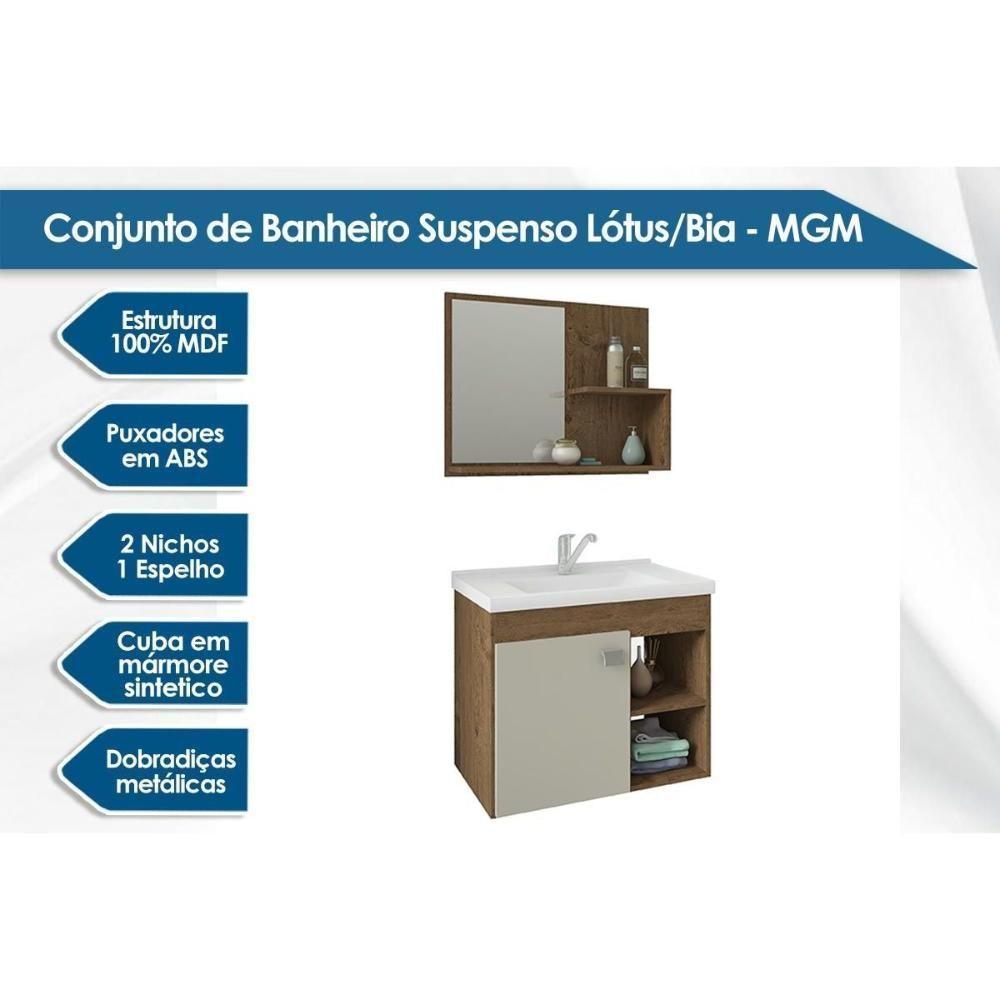 Gabinete De Banheiro Balcão Suspenso Lótus-bia C- Cuba 55cm E Armário C- Espelho Branco-preto - Mgm - 10