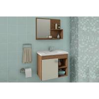 Gabinete De Banheiro Balcão Suspenso Lótus-bia C- Cuba 55cm E Armário C- Espelho Branco-preto - Mgm - 8