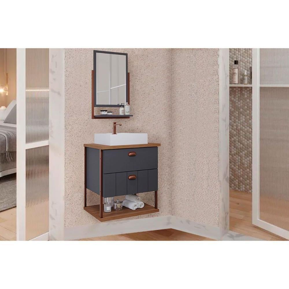 Gabinete De Banheiro Balcão Suspenso C- Cuba 65cm E Espelheira Uni Titanium-freijo - Mgm - 1