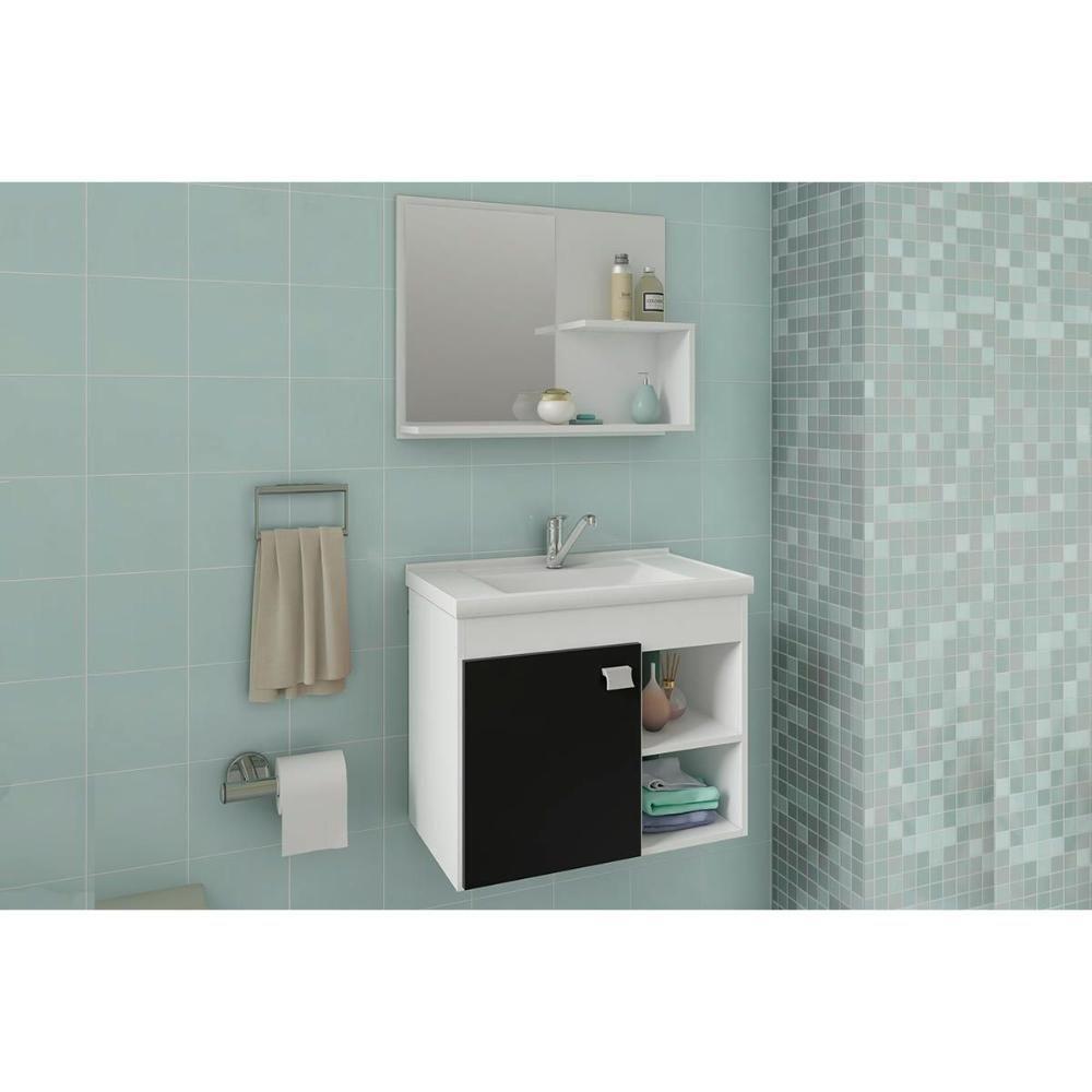 Balcão P- Banheiro Suspenso Lótus-bia C- Cuba 55cm E Armário C- Espelho Branco-preto - Mgm - 9