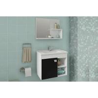 Balcão P- Banheiro Suspenso Lótus-bia C- Cuba 55cm E Armário C- Espelho Branco-preto - Mgm - 9