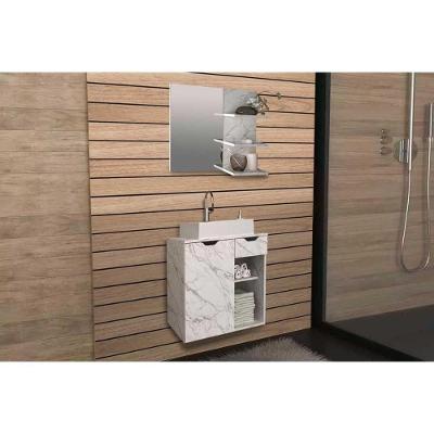 Armário C- Balcão Banheiro Suspenso Bn3605 Cuba Bn3600 60cm E Espelho Bn3608 Mármore Branco - Tecno Mobili