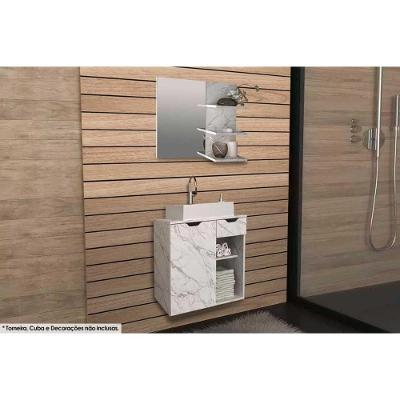 Armário C- Balcão Banheiro Suspenso Bn3605 S- Cuba 60cm E Espelho Bn3608 Mármore Branco - Tecno Mobili