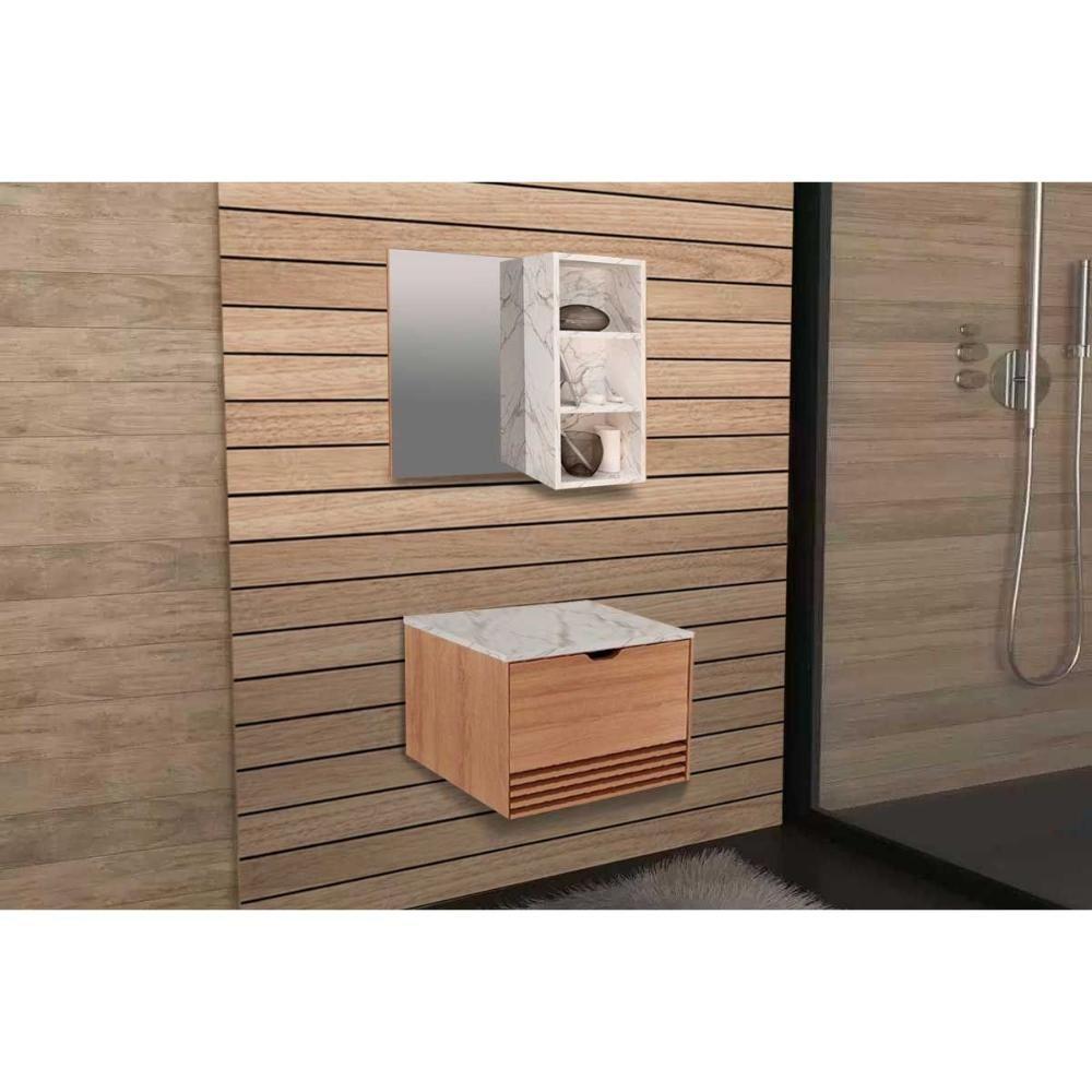 Armário C- Balcão Banheiro Suspenso Bn3613 S- Cuba 60cm E Espelho Bn3609 Mármore Branco - Tecno Mobili - 1