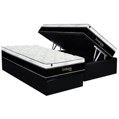 Cama Box Baú Solteiro: Colchão Molas Ensacadas Luckspuma Visco Lucksfaction Black + Base Crc Suede Black (88x188)