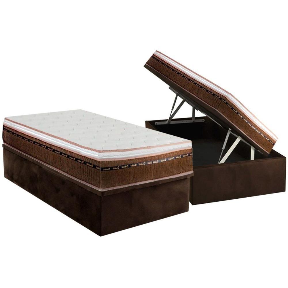 Cama Box Baú Solteiro: Colchão Molas Ensacadas Luckspuma New Comfort + Base Crc Suede Brown (88x188) - 1