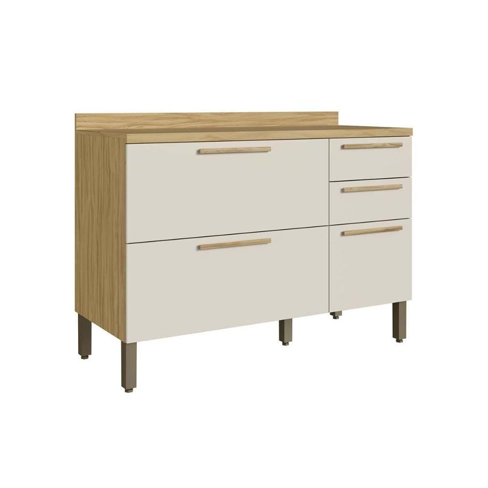 Balcão De Cozinha Riesling C- 3 Portas E 2 Gavetas C- Tampo 120cm Amendoa-off White - Ronipa - 1