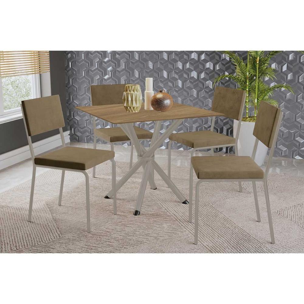 Conjunto: Mesa De Cozinha Volga C- Tampo De Madeira 90cm E 4 Cadeiras Zaria Niquel-nogueira - Suede Bege - Kappesberg - 1