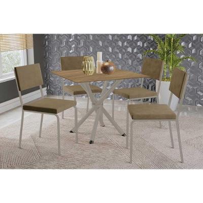 Conjunto: Mesa Sala Jantar Volga C- Tampo De Madeira 90cm E 4 Cadeiras Zaria Niquel-nogueira - Suede Bege - Kappesberg