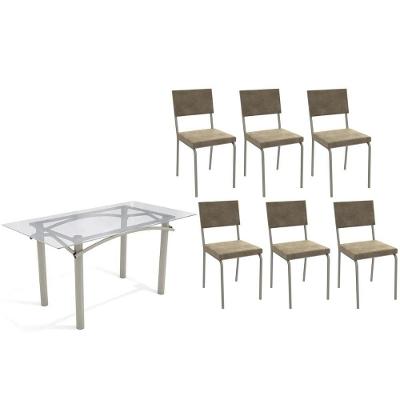 Conjunto: Mesa Sala Jantar Elba C- Tampo De Vidro 150cm E 6 Cadeiras Zaria Niquel - Suede Bege - Kappesberg