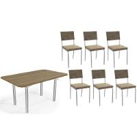 Conjunto: Mesa De Cozinha Elba C- Tampo De Madeira 160cm E 6 Cadeiras Zaria Cromada-nogueira - Suede Bege - Kappesberg - 1