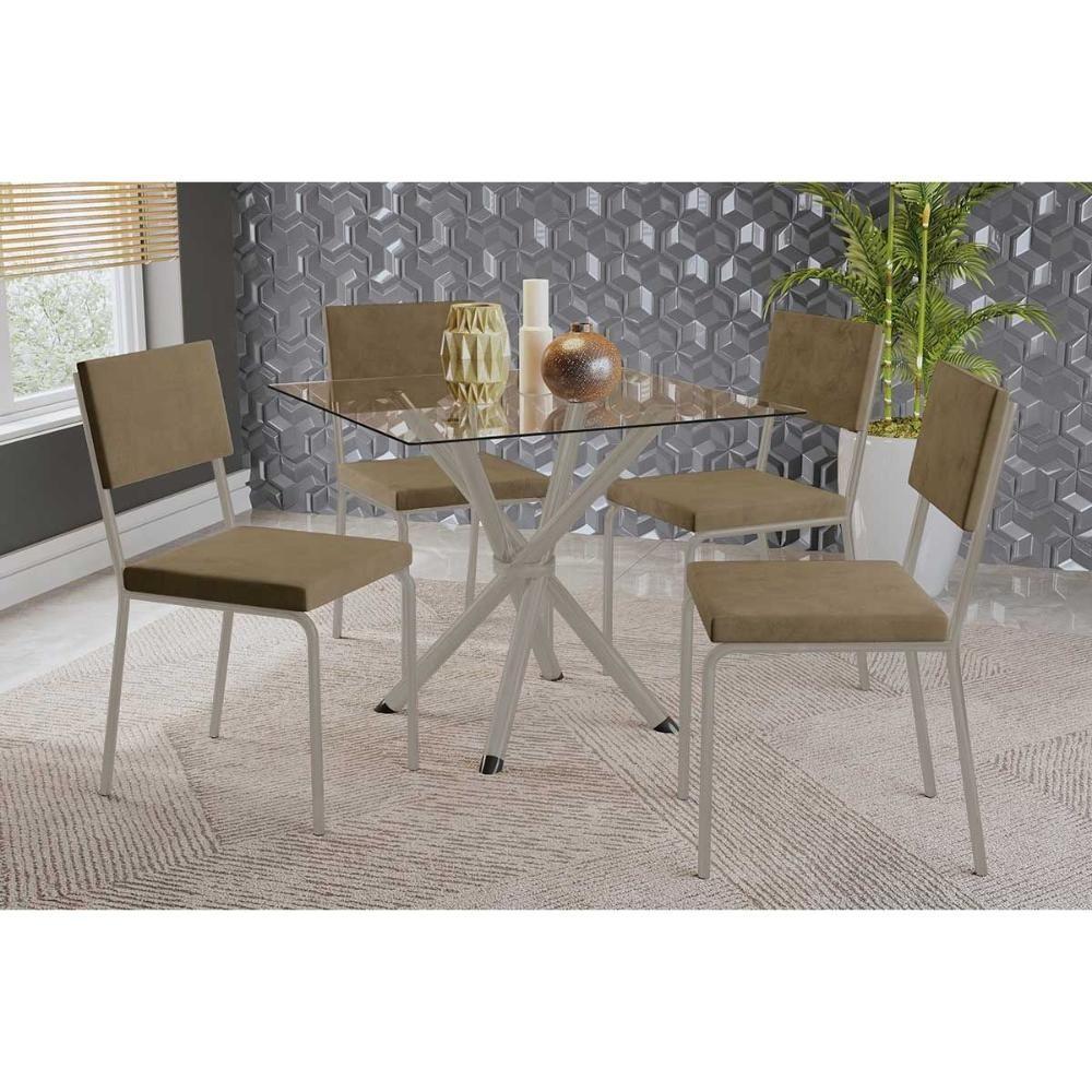 Conjunto: Mesa Sala Jantar Volga C- Tampo De Vidro 90cm E 4 Cadeiras Zaria Niquel - Suede Bege - Kappesberg - 1