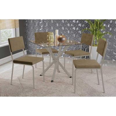 Conjunto: Mesa Sala Jantar Volga C- Tampo De Vidro 90cm E 4 Cadeiras Zaria Niquel - Suede Bege - Kappesberg