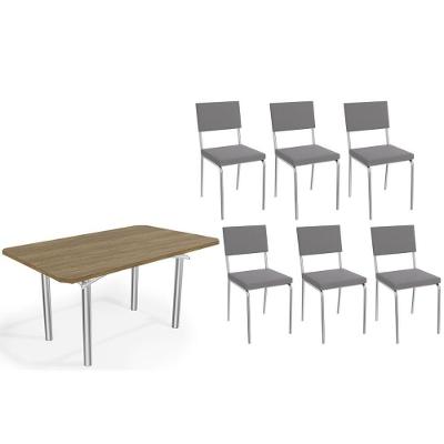 Conjunto: Mesa Sala Jantar Elba C- Tampo De Madeira 160cm E 6 Cadeiras Zaria Cromada-nogueira - Suede Cinza - Kappesberg
