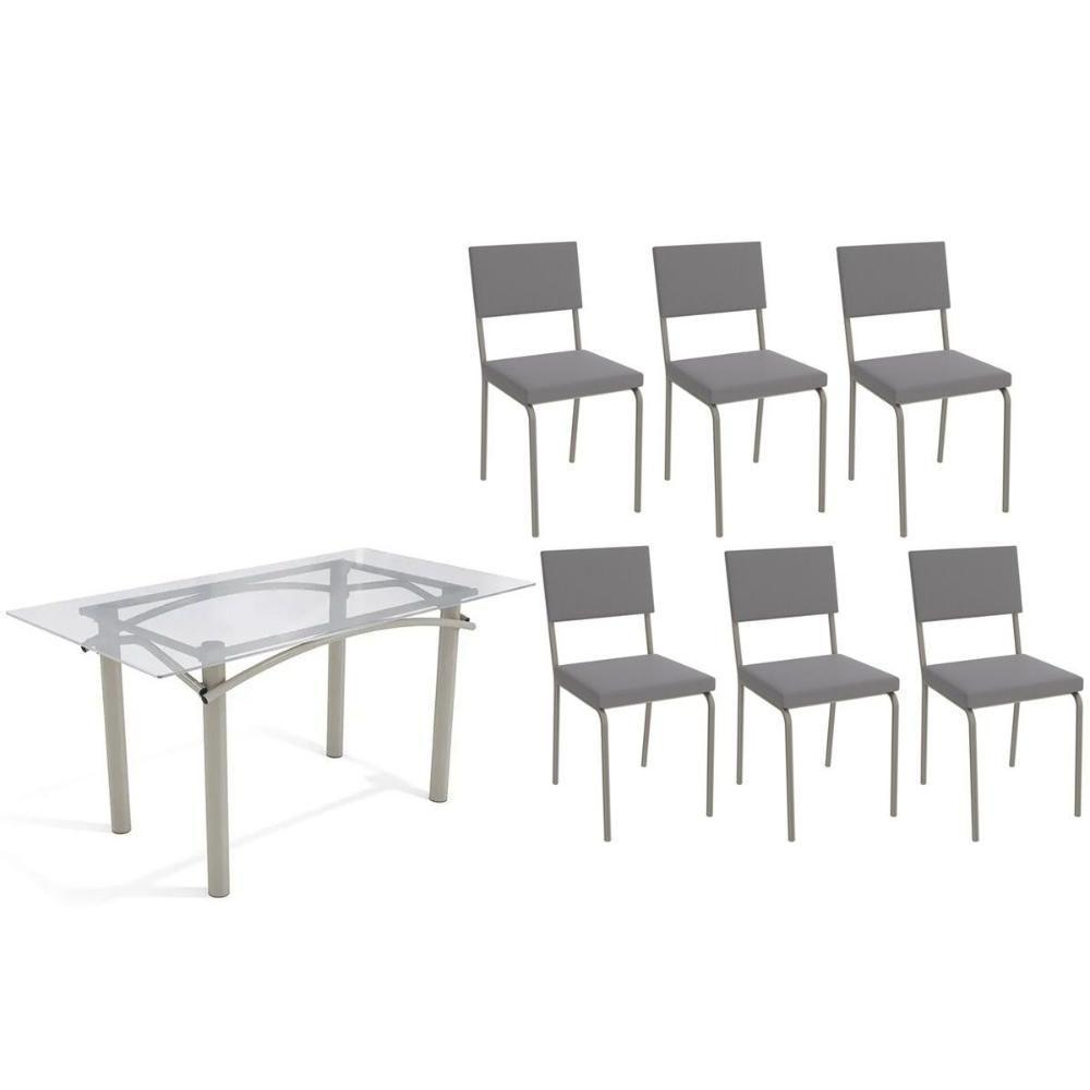 Conjunto: Mesa Sala Jantar Elba C- Tampo De Vidro 150cm E 6 Cadeiras Zaria Niquel - Suede Cinza - Kappesberg - 1