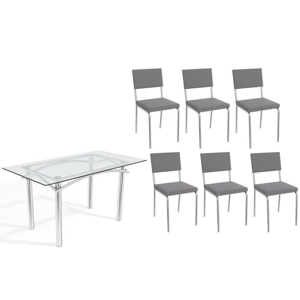 Conjunto: Mesa De Cozinha Elba C- Tampo De Vidro 150cm E 6 Cadeiras Zaria Cromada - Suede Cinza - Kappesberg - 1
