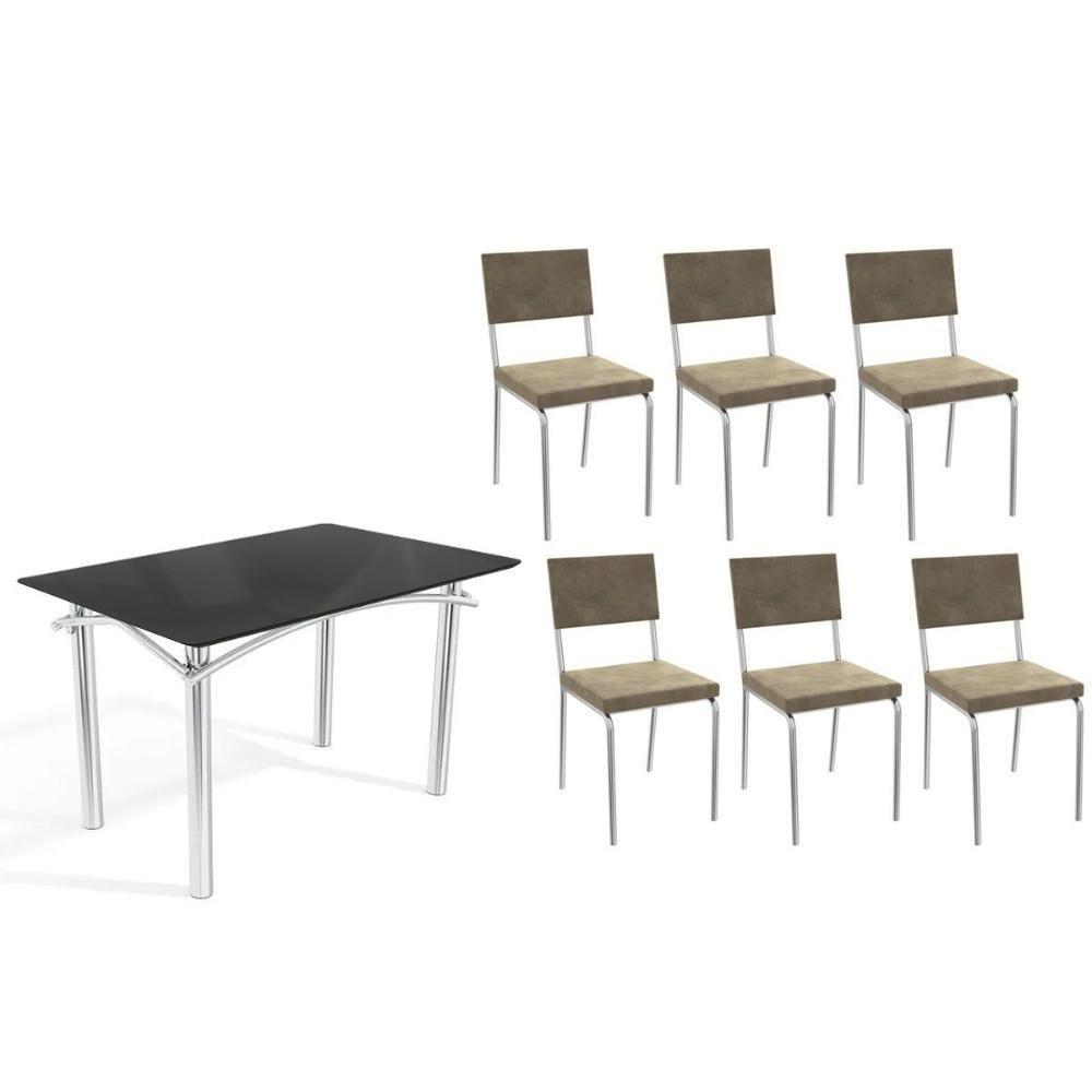 Conjunto: Mesa De Cozinha Elba Tampo Madeirado C- Vidro 120cm E 6 Cadeiras Zaria Cromada-preto - Suede Bege - Kappesberg - 1