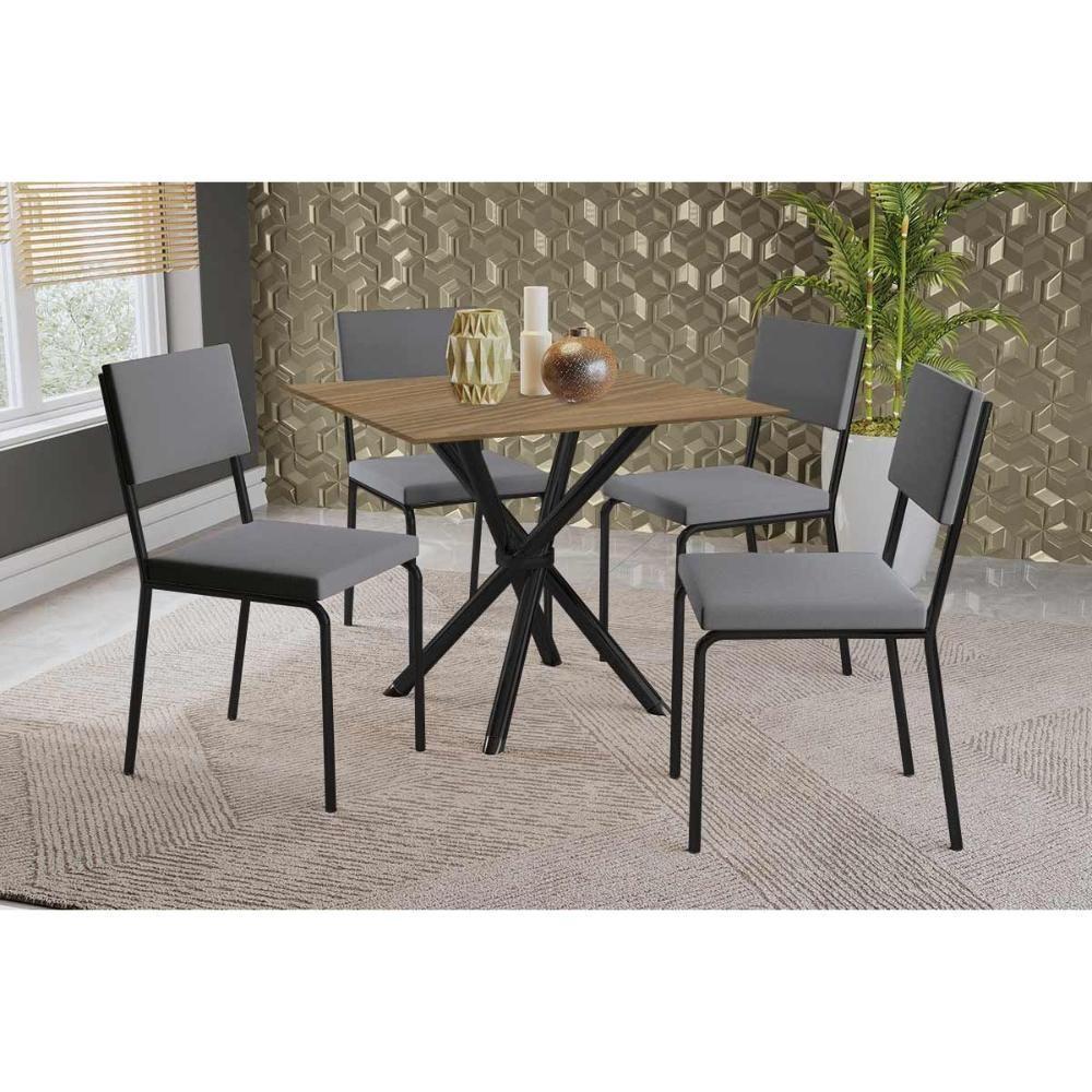 Conjunto: Mesa Sala Jantar Volga C- Tampo De Madeira 90cm E 4 Cadeiras Zaria Preto-nogueira - Suede Cinza - Kappesberg - 1