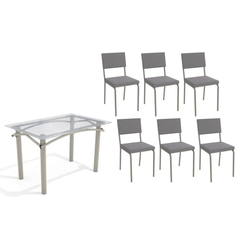 Conjunto: Mesa Sala Jantar Elba C- Tampo De Vidro 120cm E 6 Cadeiras Zaria Niquel - Suede Cinza - Kappesberg - 1
