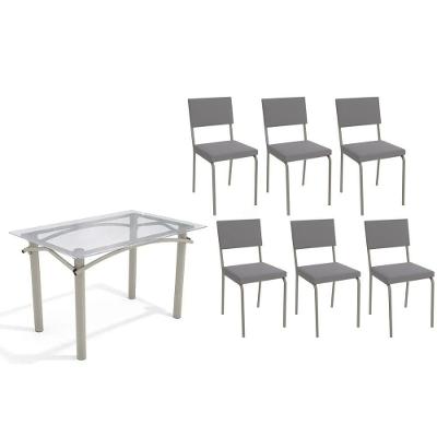Conjunto: Mesa Sala Jantar Elba C- Tampo De Vidro 120cm E 6 Cadeiras Zaria Niquel - Suede Cinza - Kappesberg