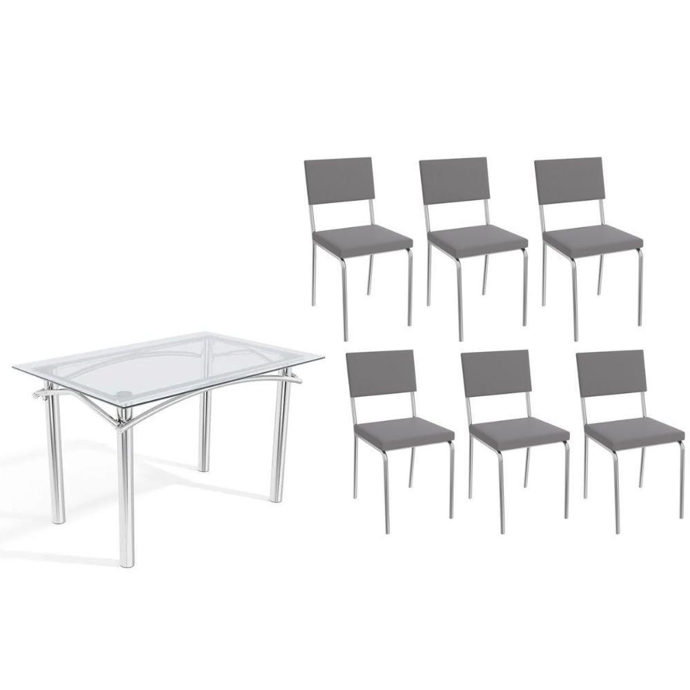 Conjunto: Mesa De Cozinha Elba C- Tampo De Vidro 120cm E 6 Cadeiras Zaria Cromada - Suede Cinza - Kappesberg - 1