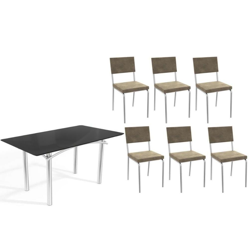 Conjunto: Mesa De Cozinha Elba Tampo Madeirado C- Vidro 160cm E 6 Cadeiras Zaria Cromada-preto - Suede Bege - Kappesberg - 1