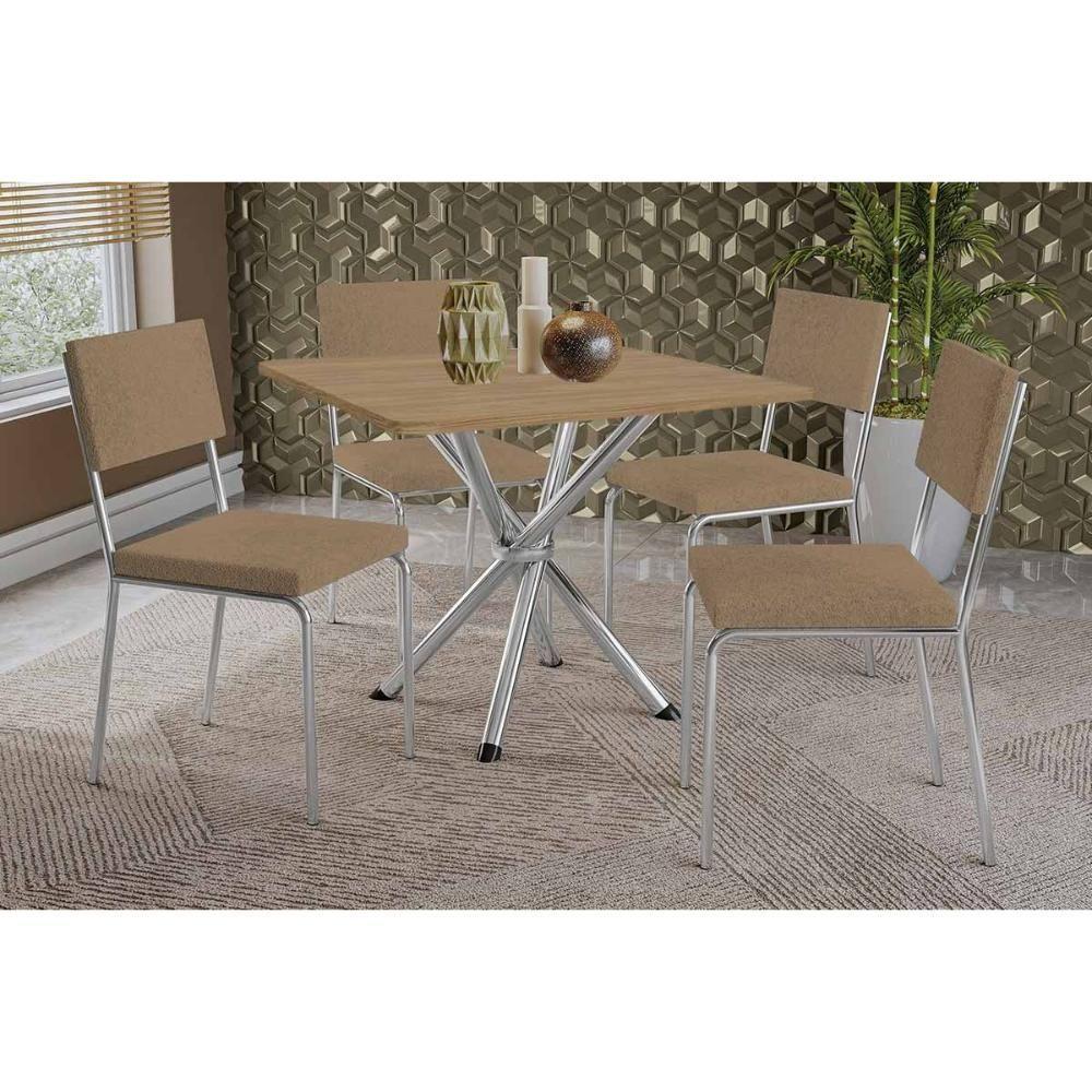 Conjunto: Mesa Sala Jantar Volga C- Tampo De Madeira 90cm E 4 Cadeiras Zaria Cromada-nogueira - Suede Bege - Kappesberg - 1