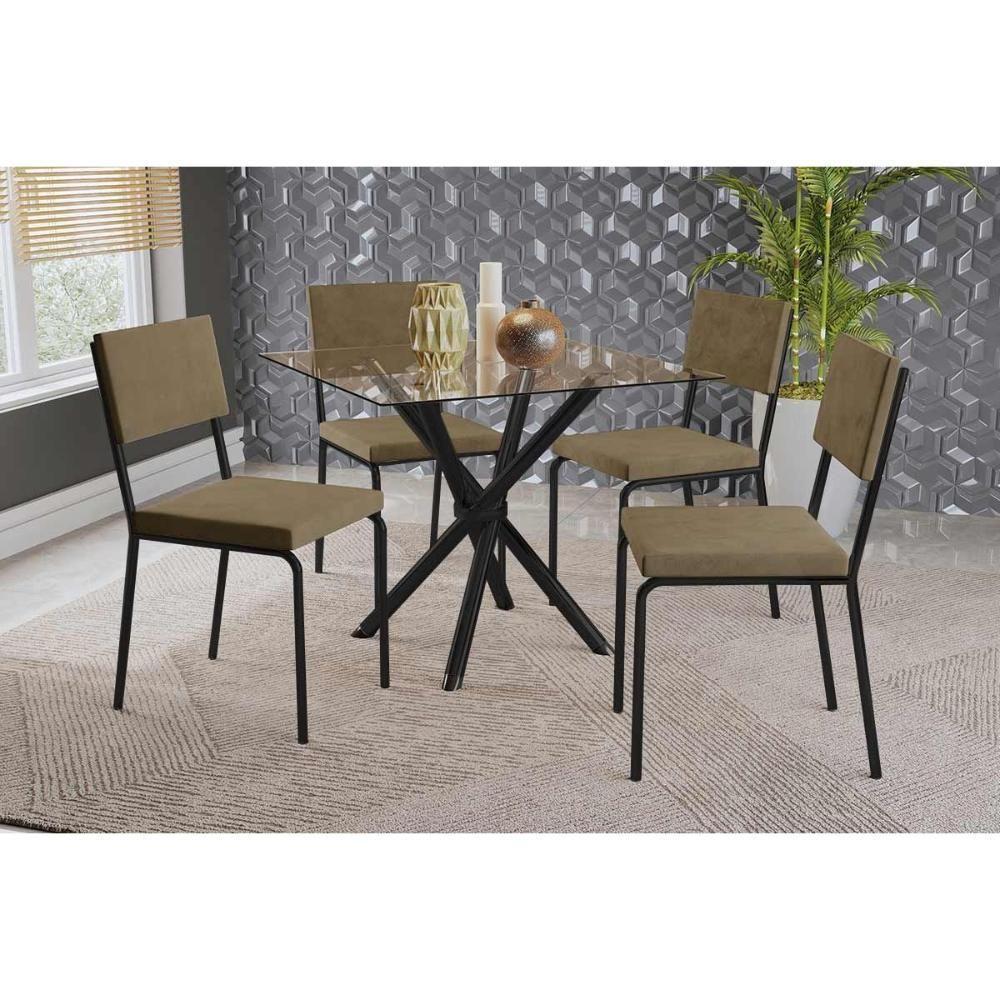 Conjunto: Mesa Sala Jantar Volga C- Tampo De Vidro 90cm E 4 Cadeiras Zaria Preto - Suede Bege - Kappesberg - 1