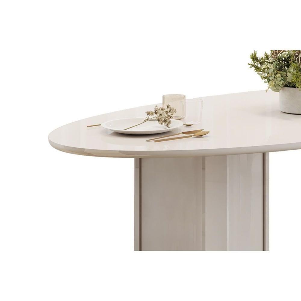 Mesa Multiuso Cozinha Liz C- Tampo Madeirado C- Vidro Oval 218x108cm Off White-off White - Dj Móveis - 6